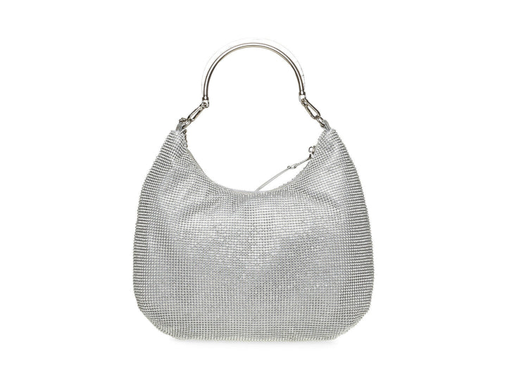 Bolso de hombro Steve Madden en color plata con diseño de malla metálica y correa de cadena.