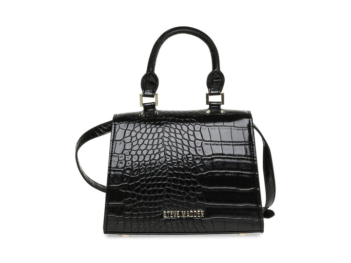 Bolso de hombro Steve Madden color negro con textura de cocodrilo y cierre dorado.