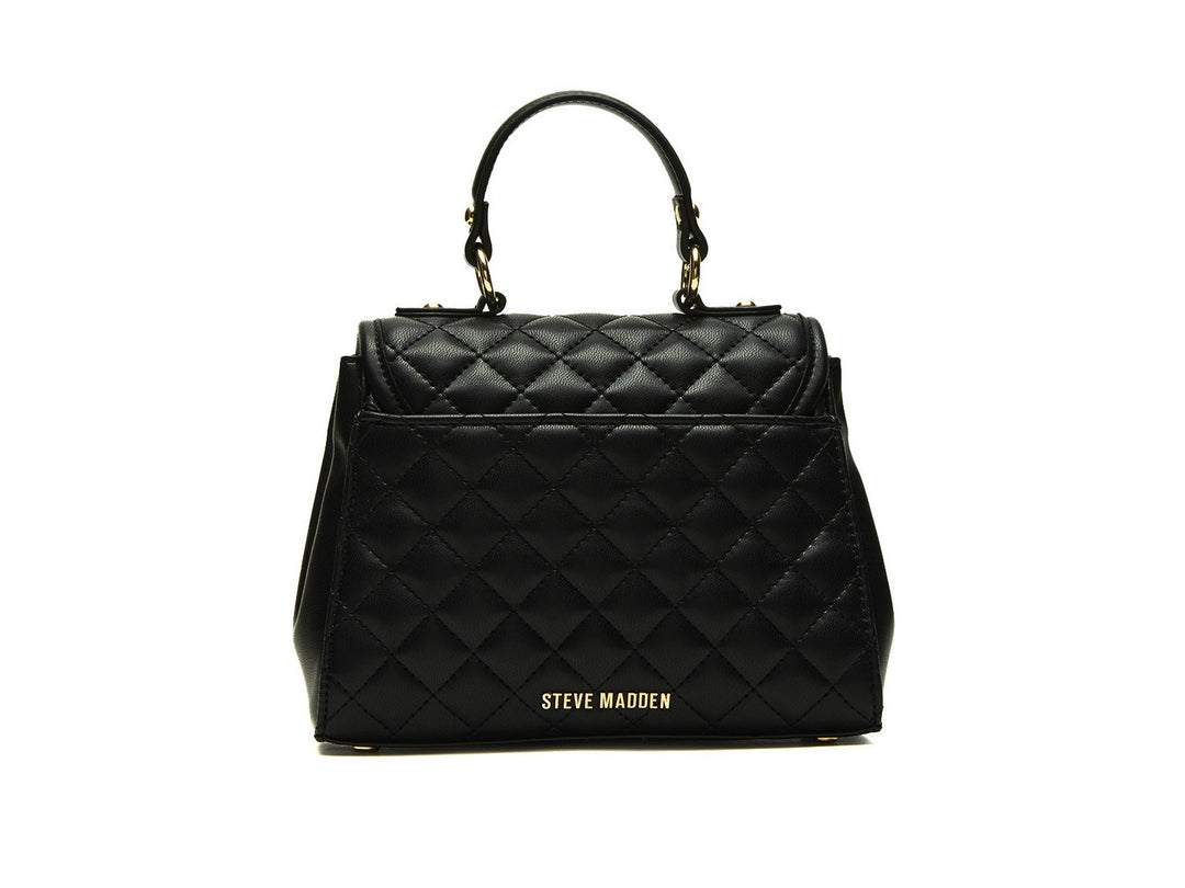 Bolso negro Steve Madden con textura acolchada en forma de diamante y detalles metálicos dorados.