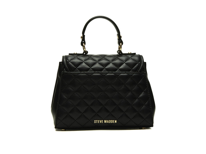 Bolso negro Steve Madden con textura acolchada en forma de diamante y detalles metálicos dorados.