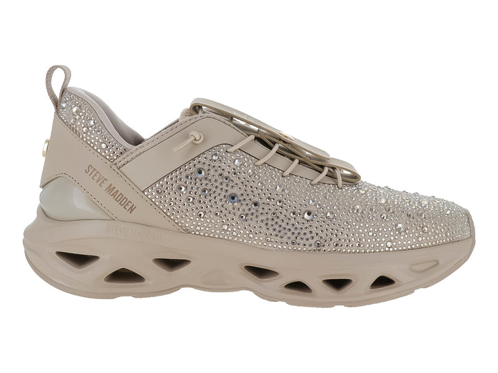 Tenis Steve Madden color rose gold con detalles de cristales brillantes y suela gruesa esculpida.