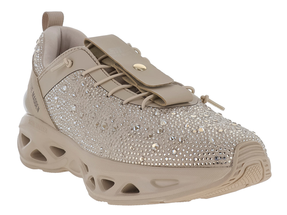 Tenis Steve Madden color rose gold con detalles de cristales brillantes y suela gruesa esculpida.
