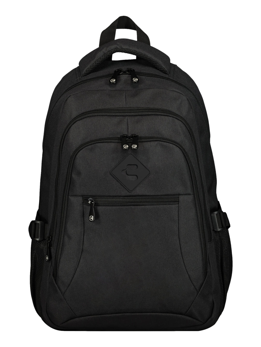 Mochila deportiva de color negro con múltiples compartimentos y cierres, marca Charly.