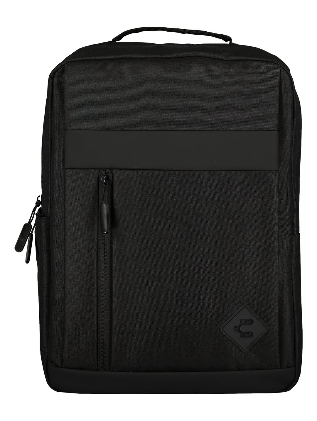 Mochila deportiva de color negro con un bolsillo frontal con cierre y asa superior.