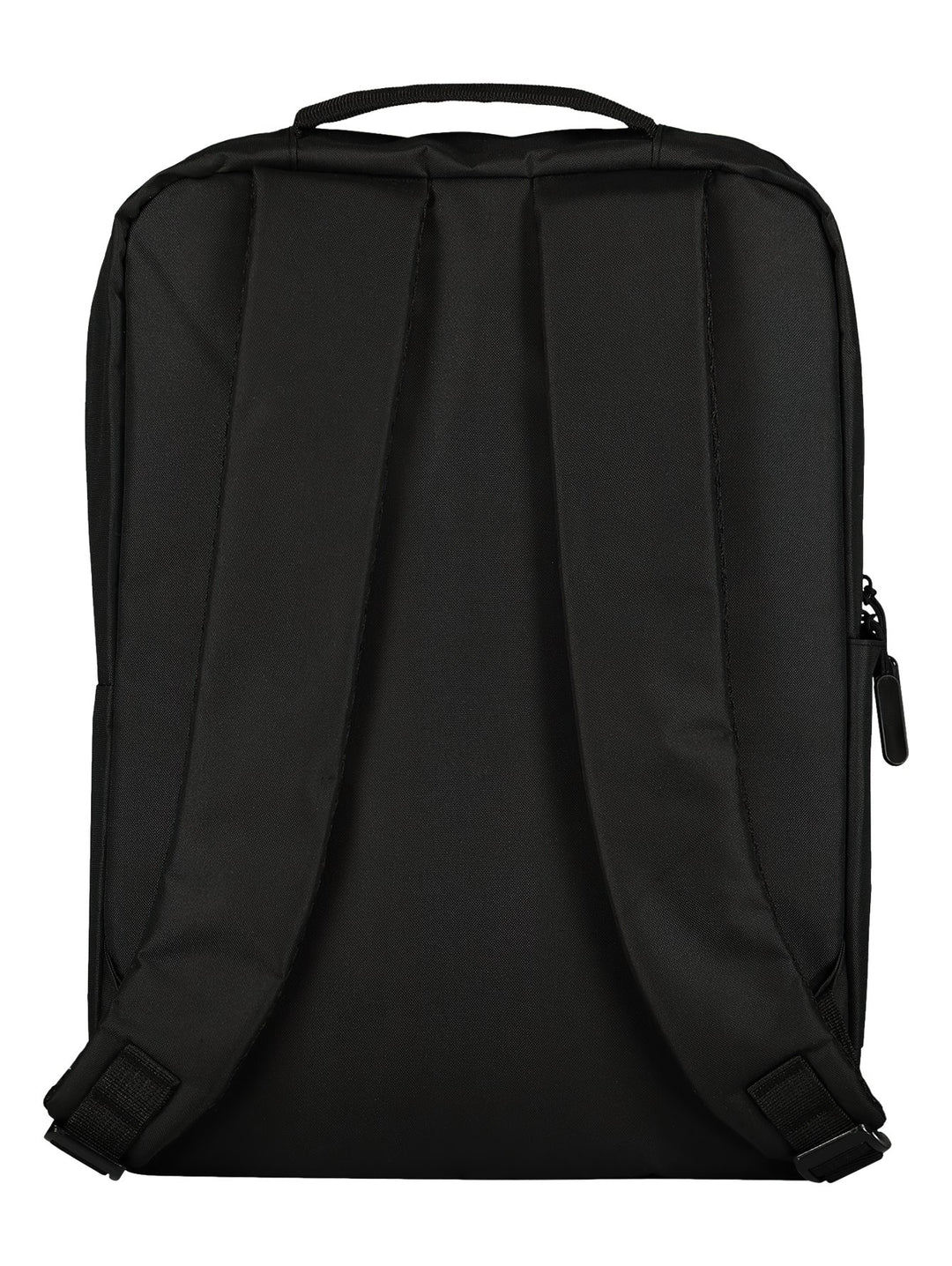 Mochila deportiva de color negro con un bolsillo frontal con cierre y asa superior.