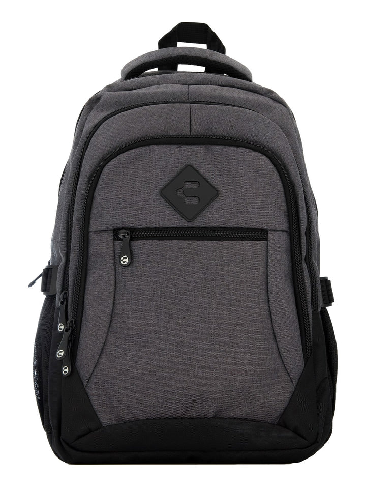 Mochila deportiva Charly en color gris oscuro con detalles y base en negro.