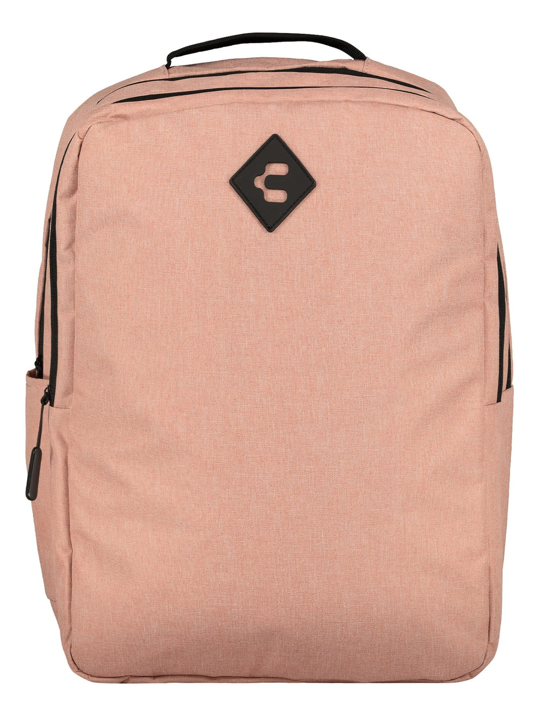 Mochila escolar color rosa de la marca Charly con detalles y logotipo en color negro.