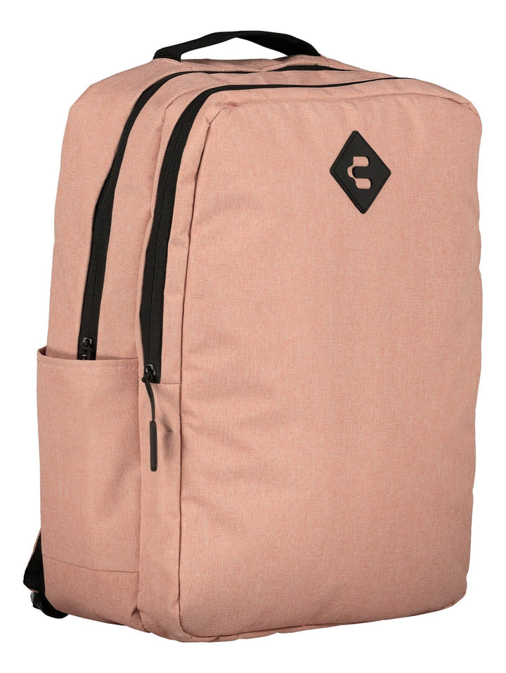 Mochila escolar color rosa de la marca Charly con detalles y logotipo en color negro.