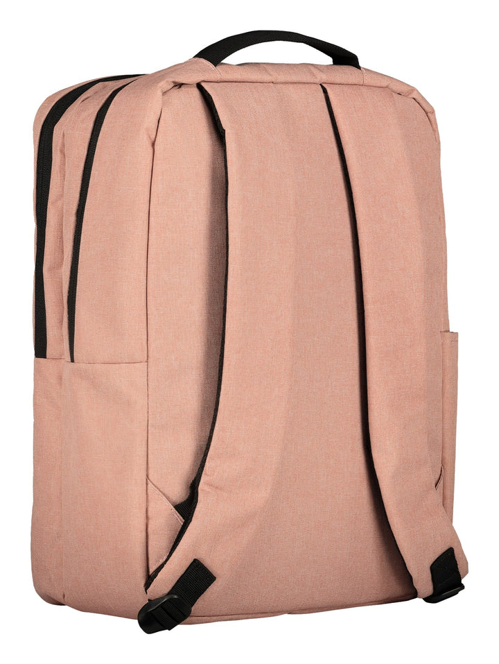 Mochila escolar color rosa de la marca Charly con detalles y logotipo en color negro.