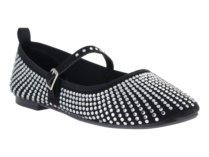 Zapato plano negro con pedrería brillante y correa con hebilla.