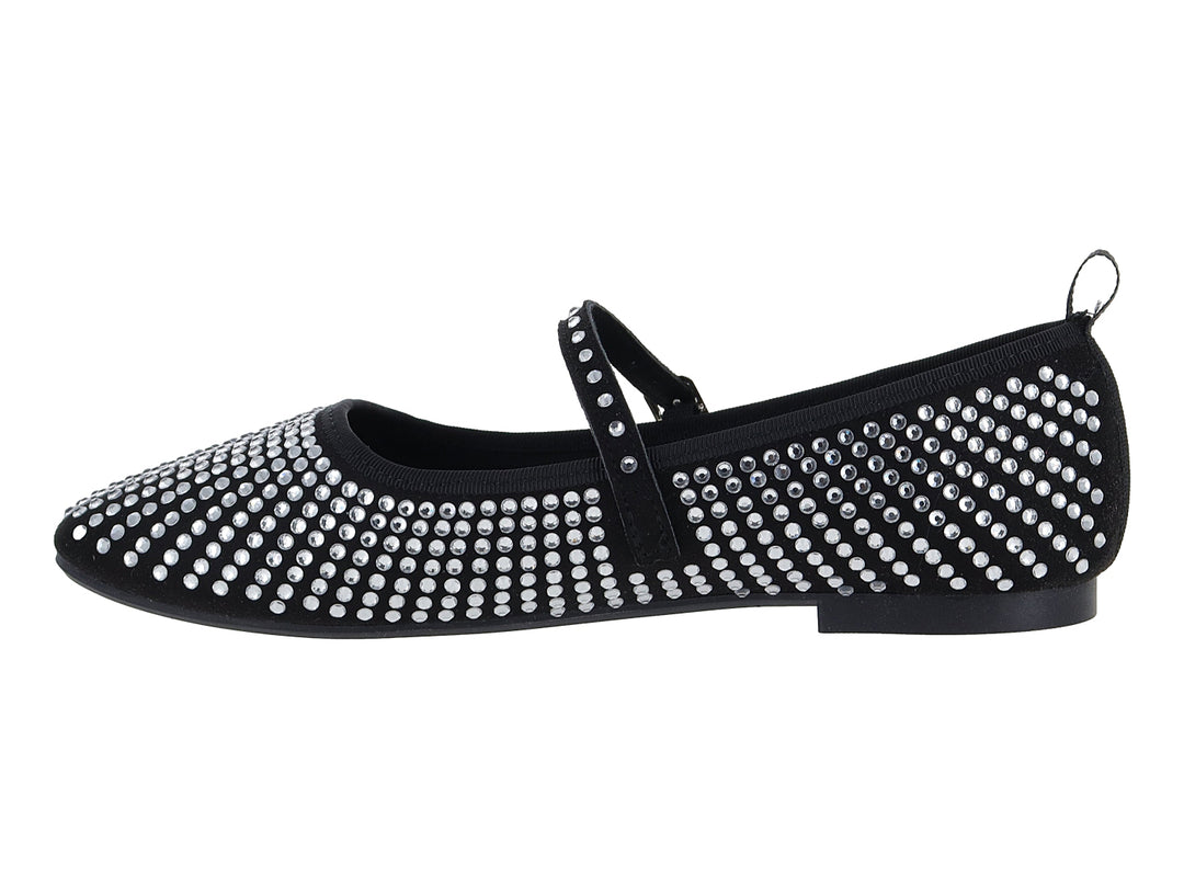 Zapato plano negro con pedrería brillante y correa con hebilla.