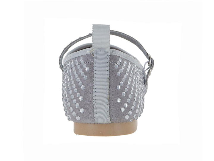 Zapato plano color plata con brillantes y correa con hebilla para niña.