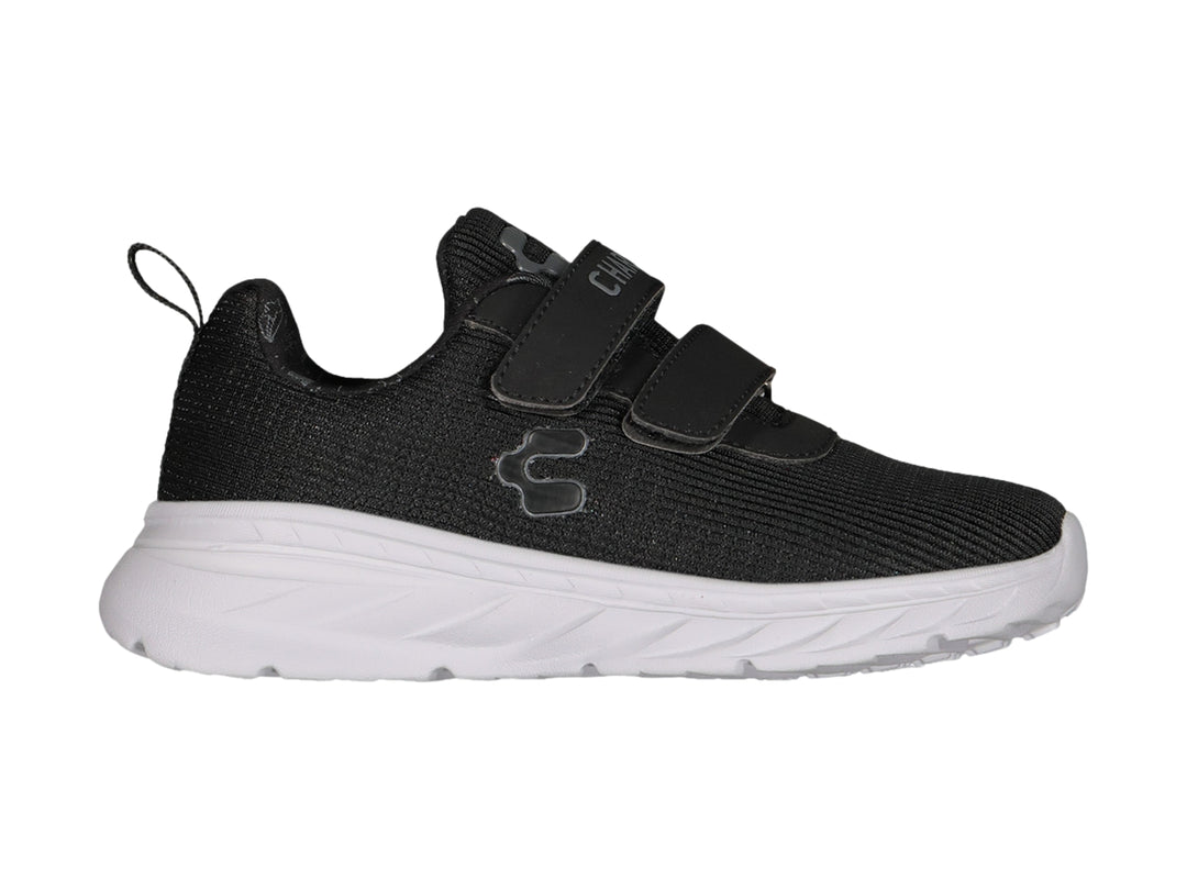 Tenis deportivos Charly color negro con suela blanca y cierres de velcro.