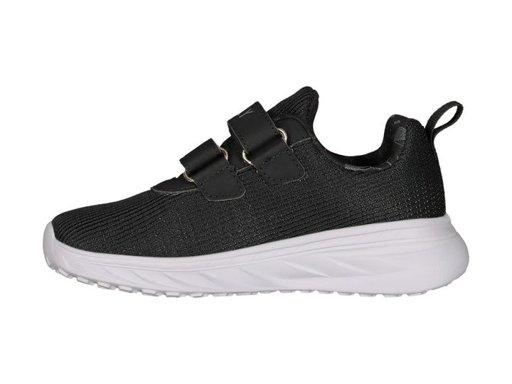 Tenis deportivos Charly color negro con suela blanca y cierres de velcro.