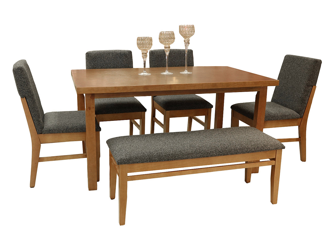 Conjunto de comedor color nogal con mesa rectangular, cuatro sillas y una banca con asientos en tela gris.