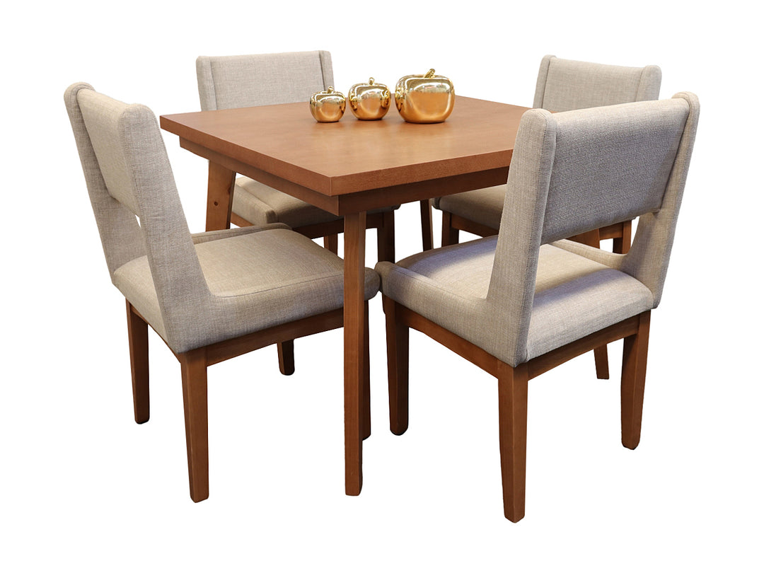 Conjunto de comedor con mesa cuadrada en color nogal y cuatro sillas tapizadas en tela color beige.