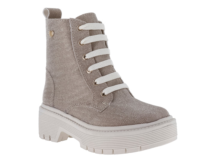 Bota infantil color oro con suela blanca de plataforma y cordones blancos.