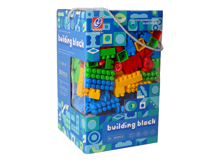 Set de 360 piezas de bloques de construcción multicolores en empaque azul de la marca Kelder Toys.