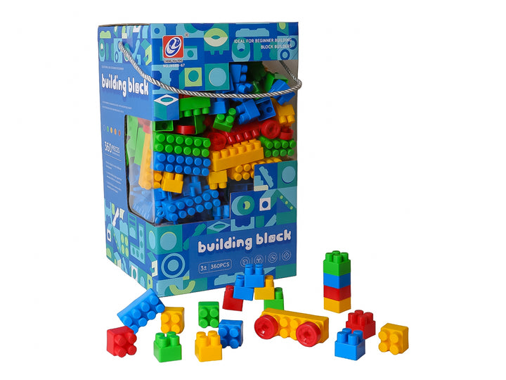 Set de 360 piezas de bloques de construcción multicolores en empaque azul de la marca Kelder Toys.