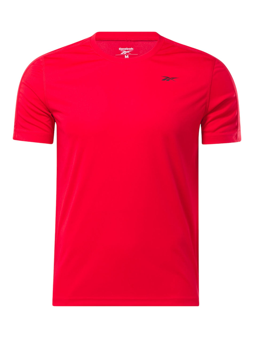 Hombre vistiendo una playera deportiva de manga corta color rojo marca Reebok.