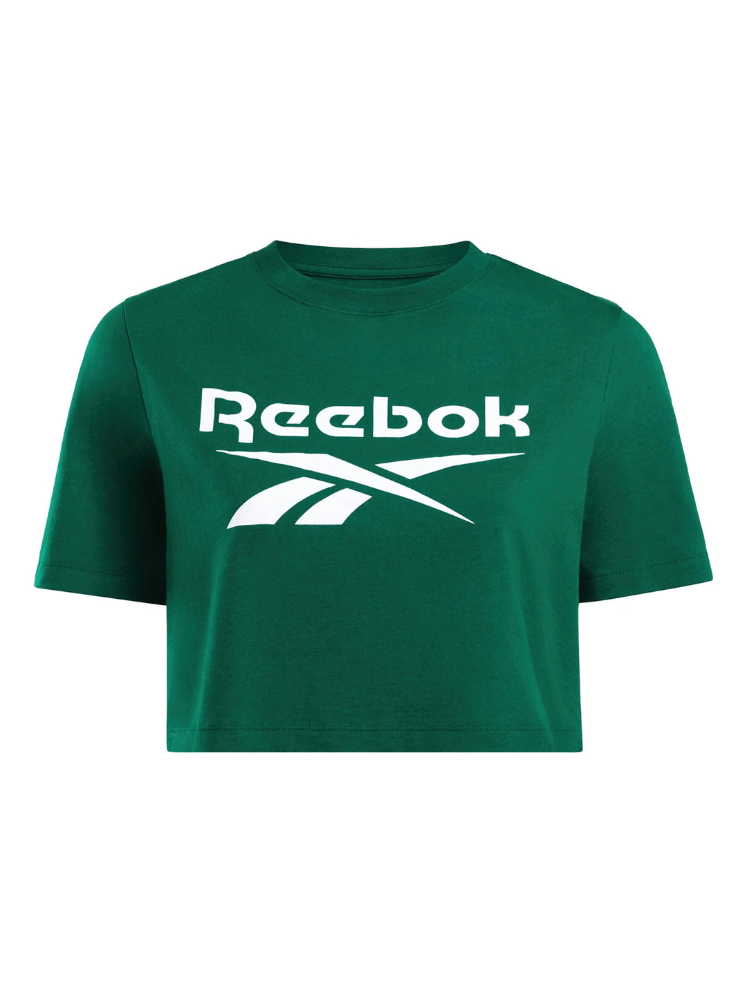 Camiseta crop top verde de Reebok con logotipo blanco grande en el pecho.