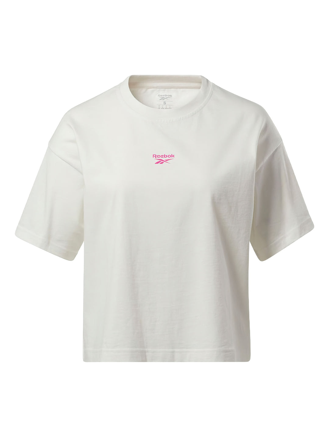 Camiseta blanca de manga corta con logotipo de Reebok en color rosa en el pecho.