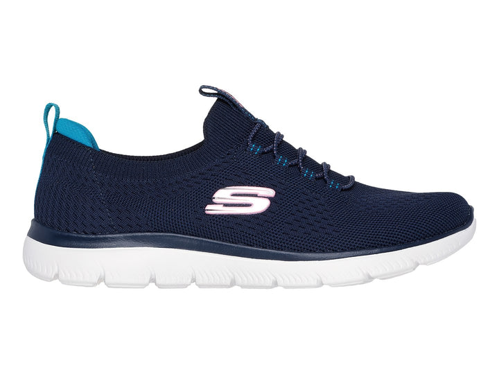 Tenis Skechers color azul marino con suela blanca y detalles en turquesa para deporte o uso casual.