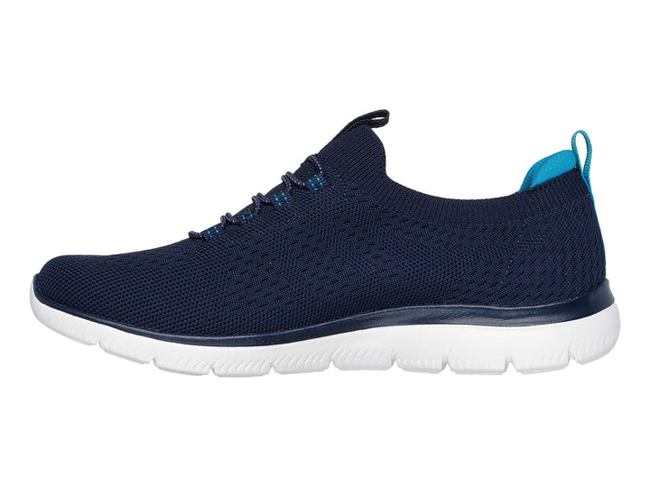 Tenis Skechers color azul marino con suela blanca y detalles en turquesa para deporte o uso casual.