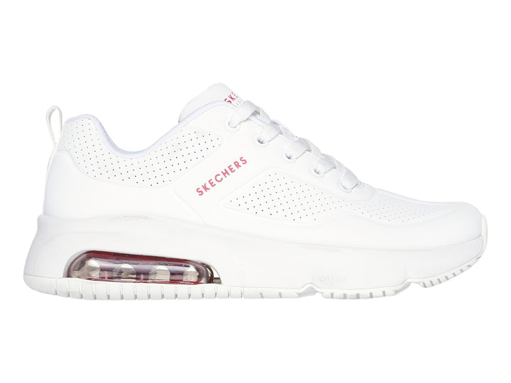 Tenis deportivos Skechers color blanco con amortiguación de aire visible en el talón.