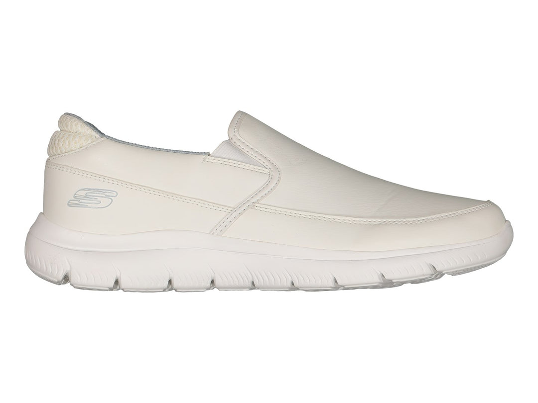 Zapato deportivo Skechers modelo Summits en color blanco, diseño slip-on sin cordones y suela blanca flexible.