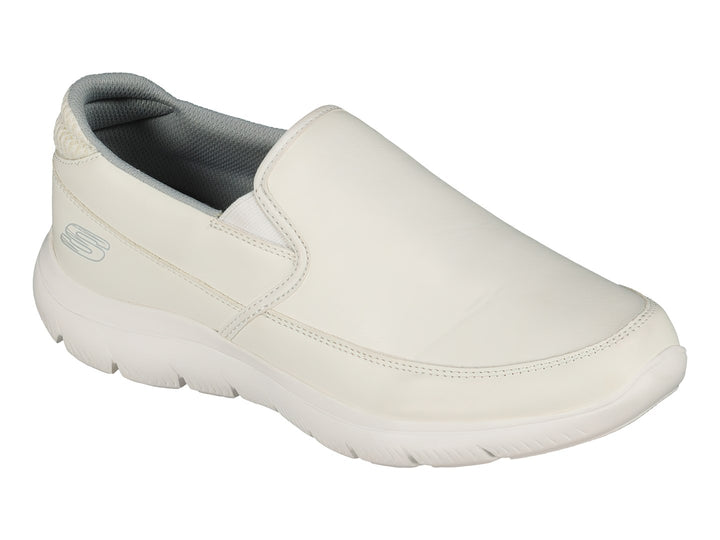 Zapato deportivo Skechers modelo Summits en color blanco, diseño slip-on sin cordones y suela blanca flexible.
