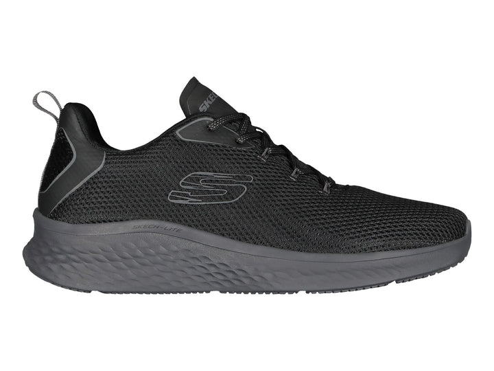 Tenis deportivos Skechers color negro con detalles en gris, diseño de malla transpirable y suela acolchada.