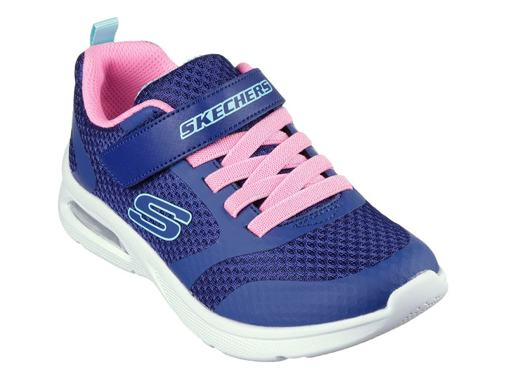 Tenis deportivos Skechers para niña en color azul con detalles en rosa y suela blanca con cámara de aire.