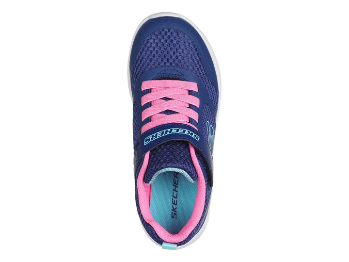 Tenis deportivos Skechers para niña en color azul con detalles en rosa y suela blanca con cámara de aire.
