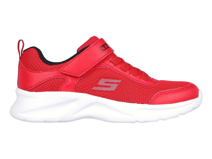 Tenis deportivos Skechers color rojo con suela blanca y cierre de velcro.