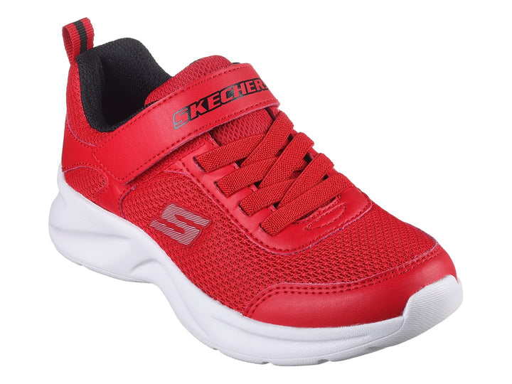 Tenis deportivos Skechers color rojo con suela blanca y cierre de velcro.