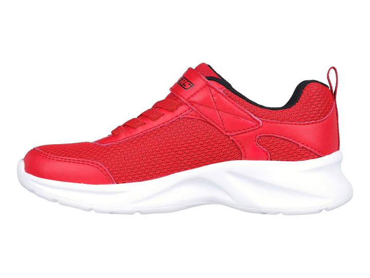 Tenis deportivos Skechers color rojo con suela blanca y cierre de velcro.