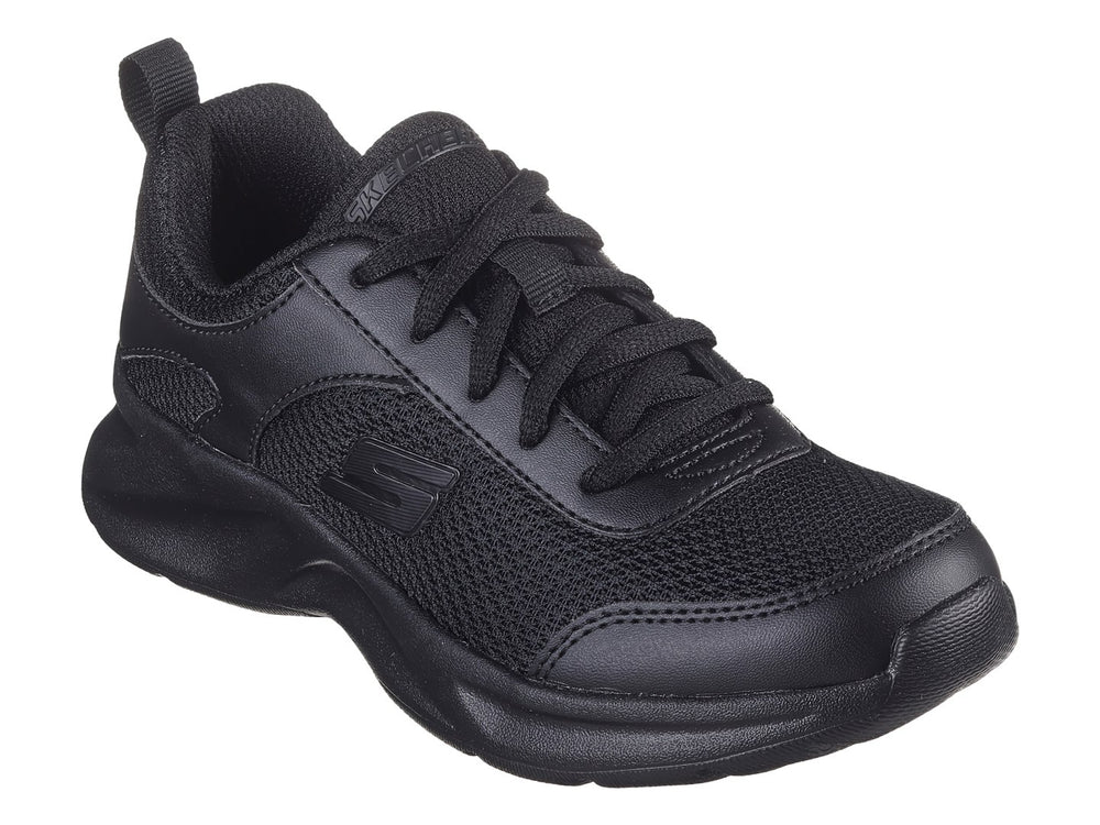 Tenis deportivos Skechers Dynamatic en color negro con detalles de malla y suela gruesa.