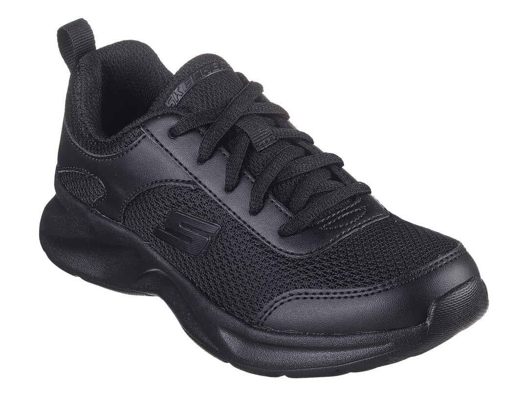 Tenis deportivos Skechers Dynamatic en color negro con detalles de malla y suela gruesa.
