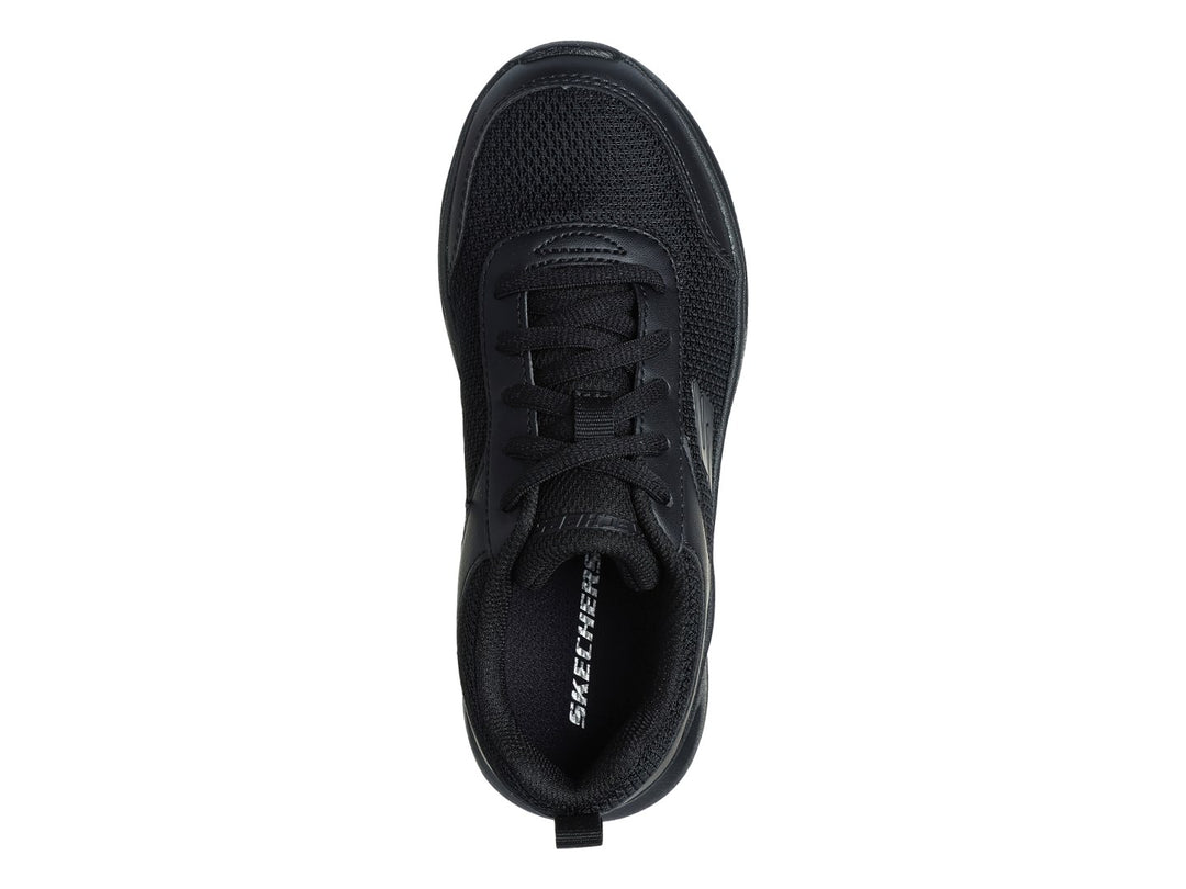 Tenis deportivos Skechers Dynamatic en color negro con detalles de malla y suela gruesa.
