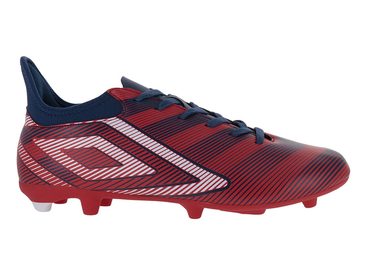 Zapato de fútbol Umbro en color rojo con detalles en azul y blanco, diseño Veloce LT III para pasto natural.