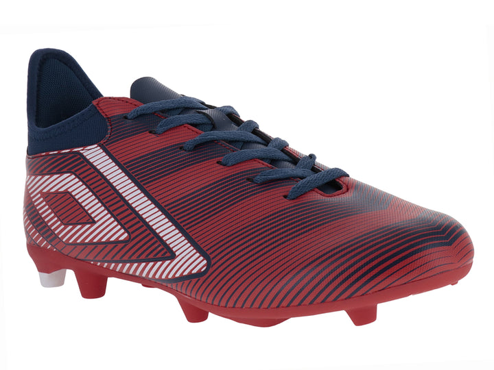 Zapato de fútbol Umbro en color rojo con detalles en azul y blanco, diseño Veloce LT III para pasto natural.