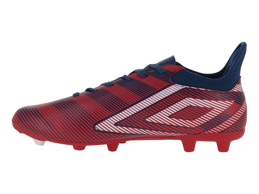 Zapato de fútbol Umbro en color rojo con detalles en azul y blanco, diseño Veloce LT III para pasto natural.