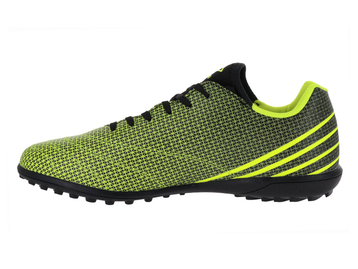 Zapato de fútbol Umbro en color amarillo y negro con diseño de cuadrícula y suela para césped sintético.