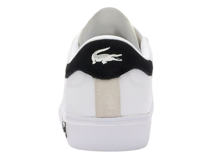 Tenis Lacoste Powercourt color blanco con detalle en el talón color negro y suela blanca.