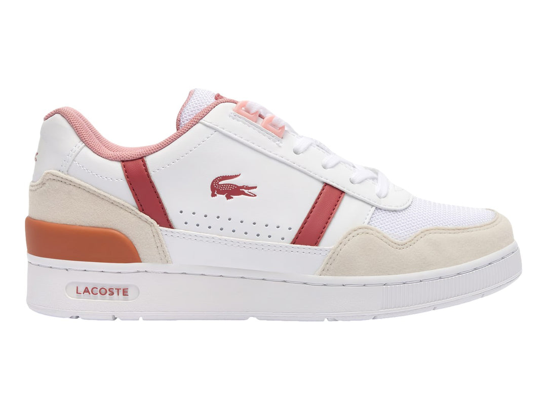 Tenis Lacoste T-Clip blancos con detalles en rosa, beige y naranja.