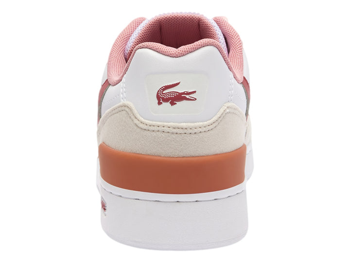 Tenis Lacoste T-Clip blancos con detalles en rosa, beige y naranja.