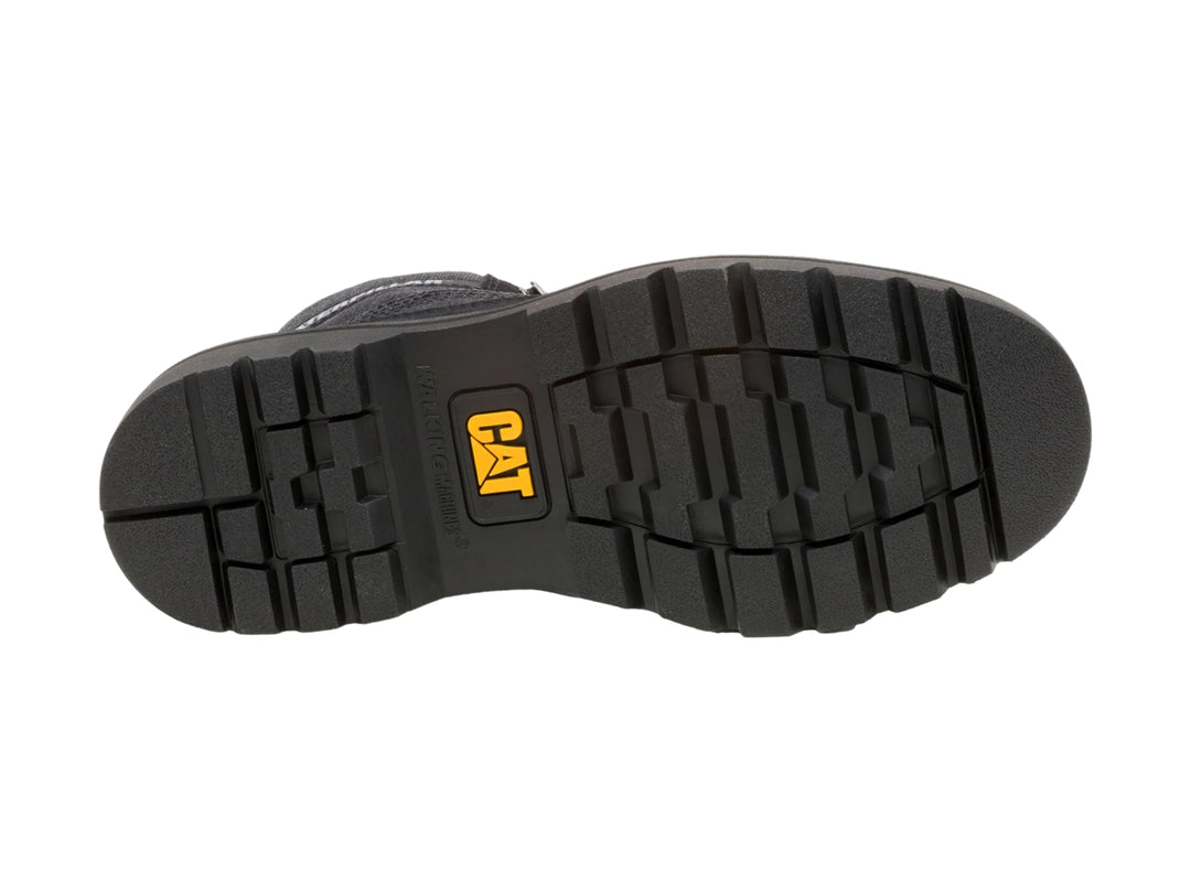 Bota Caterpillar color negro de material canvas y gamuza con suela robusta y cordones.
