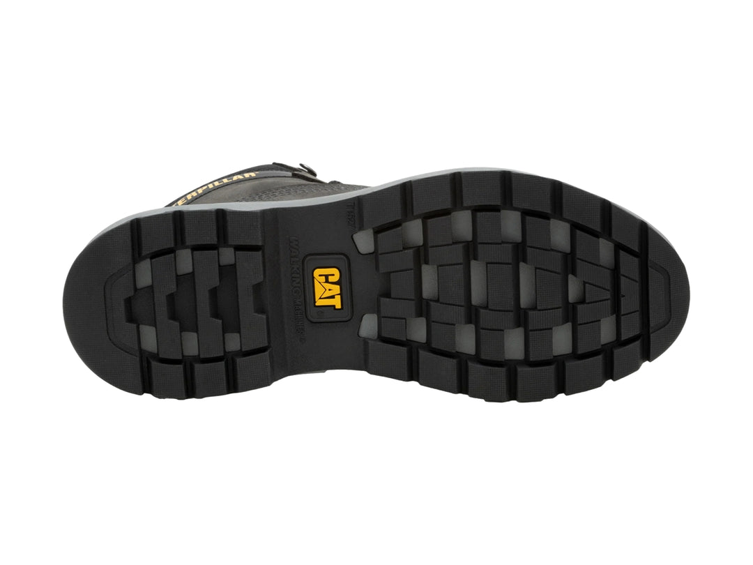 Zapato tipo bota Caterpillar color gris pavimento con detalles en negro y amarillo.