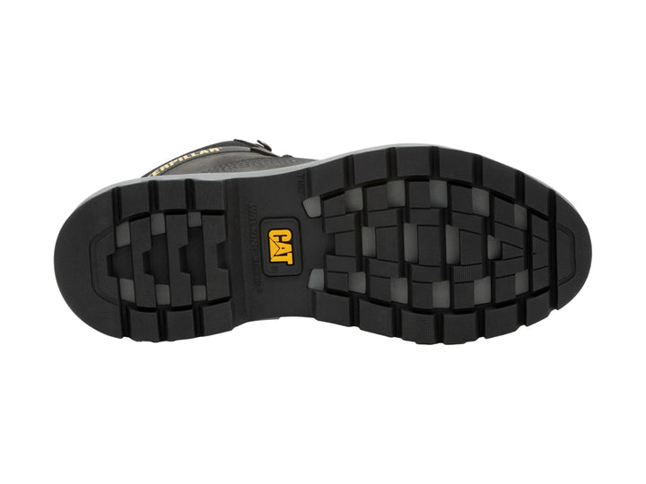 Zapato tipo bota Caterpillar color gris pavimento con detalles en negro y amarillo.